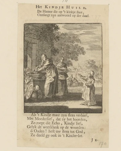 Kind roept haar moeder die bezig is met het wassen van vaatwerk by Jan Luyken, print, 1712