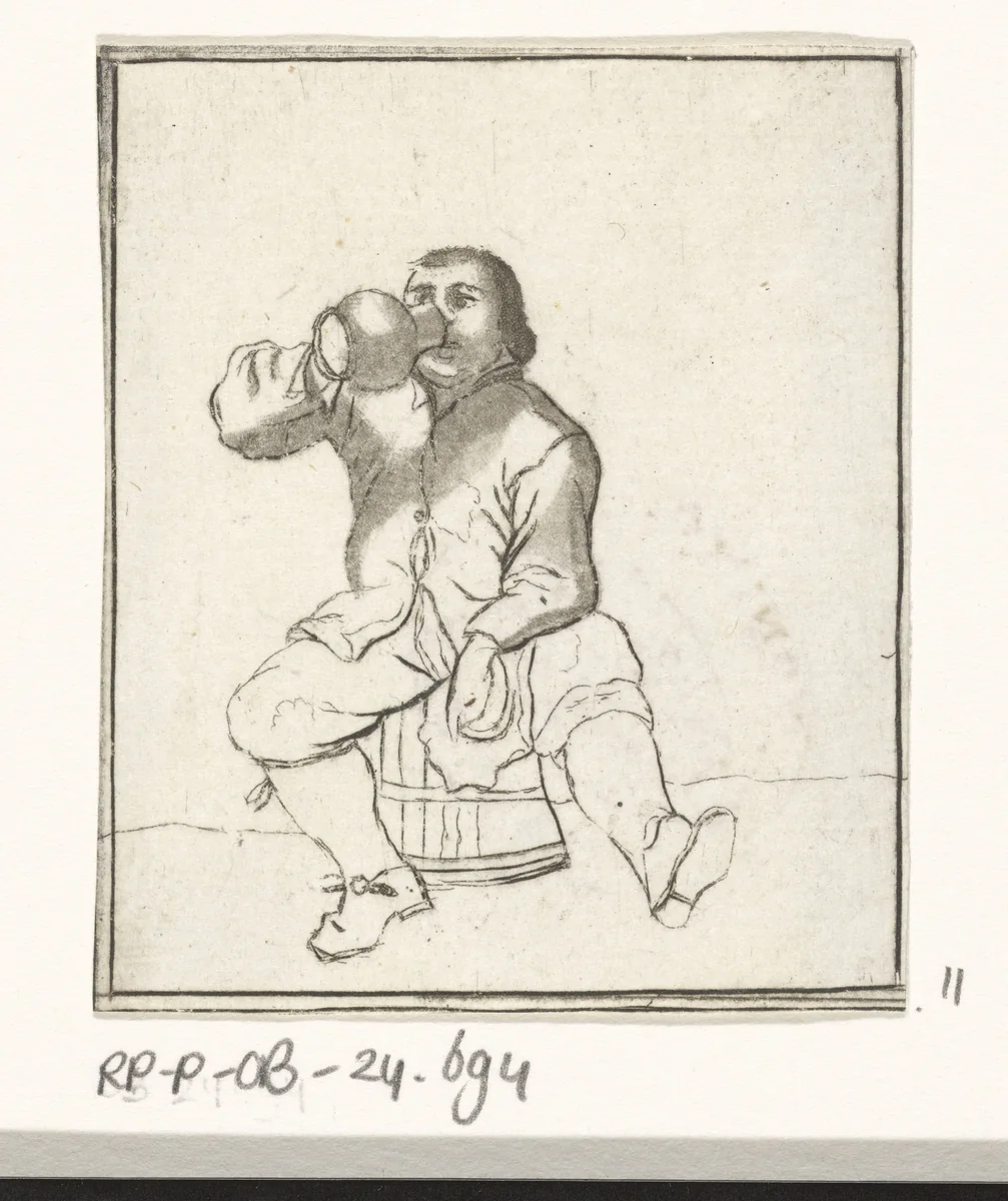 Drinkende man zittend op een ton by Cornelis Ploos van Amstel, print, 1736-1798