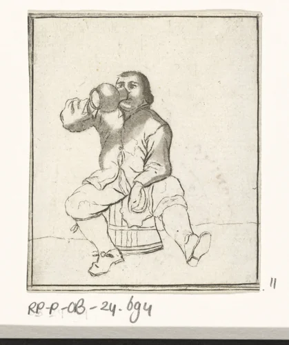 Drinkende man zittend op een ton by Cornelis Ploos van Amstel, print, 1736-1798