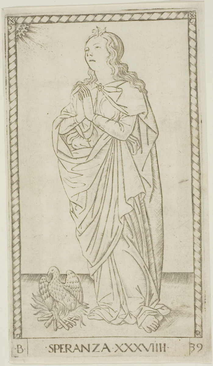 Hope, plate 39 from Genii and Virtues by Master of the E-Series Tarocchi, print, 1460-1470