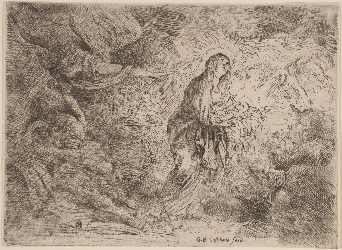 Joseph Awakened by the Angel by Giovanni Benedetto Castiglione, print, 1635-1640
