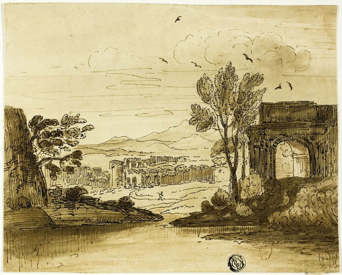 Landscape with Ruined Arch near Water, and Mountains in Distance by Giovanni Francesco Grimaldi, drawing, 1628-1799