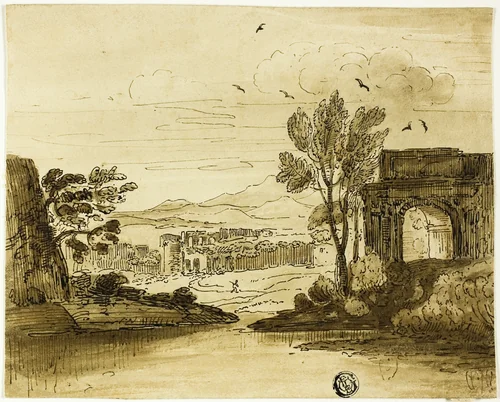 Landscape with Ruined Arch near Water, and Mountains in Distance by Giovanni Francesco Grimaldi, drawing, 1628-1799