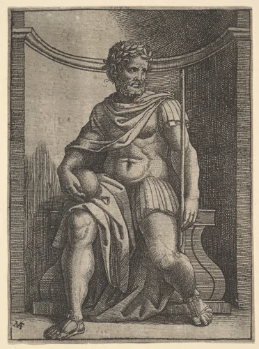 A Roman emperor sitting in a niche holding a globe and sceptre and looking to his left by Marcantonio Raimondi, print, 1505-1535