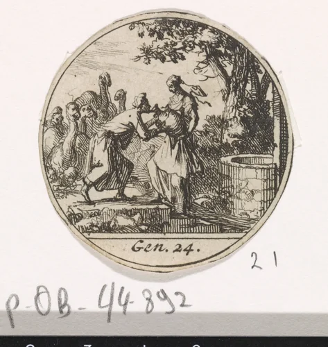 Rebecca ontmoet Eliëzer bij de waterput by Jan Luyken, print, 1700