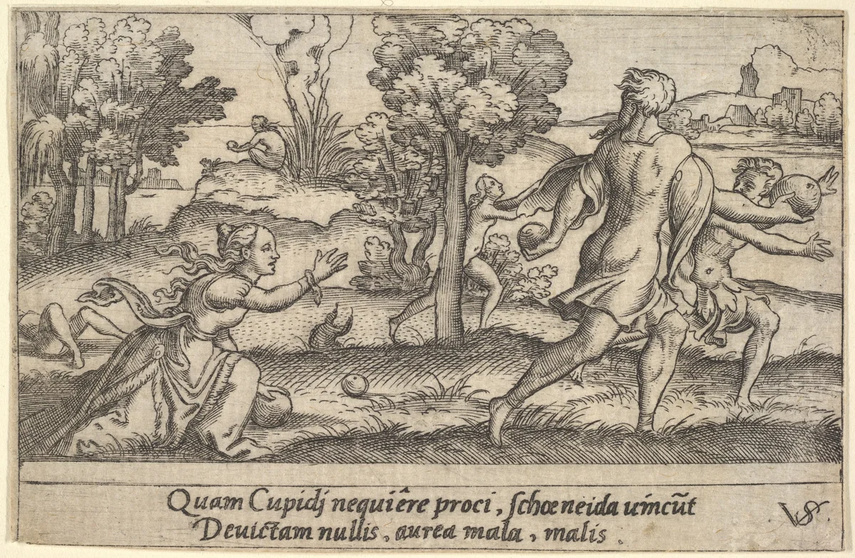 Atalanta and Hippomemes, from "Four Mythological Scenes" by Virgil Solis, print, 1535-1562