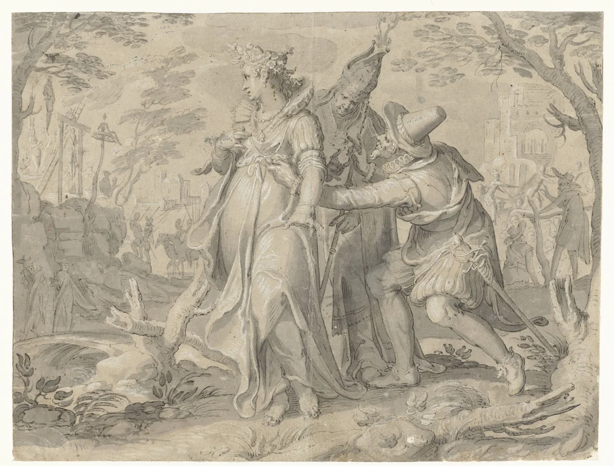 Bedreigingen voor de Nederlanden by Joachim Wtewael, drawing, 1600-1638