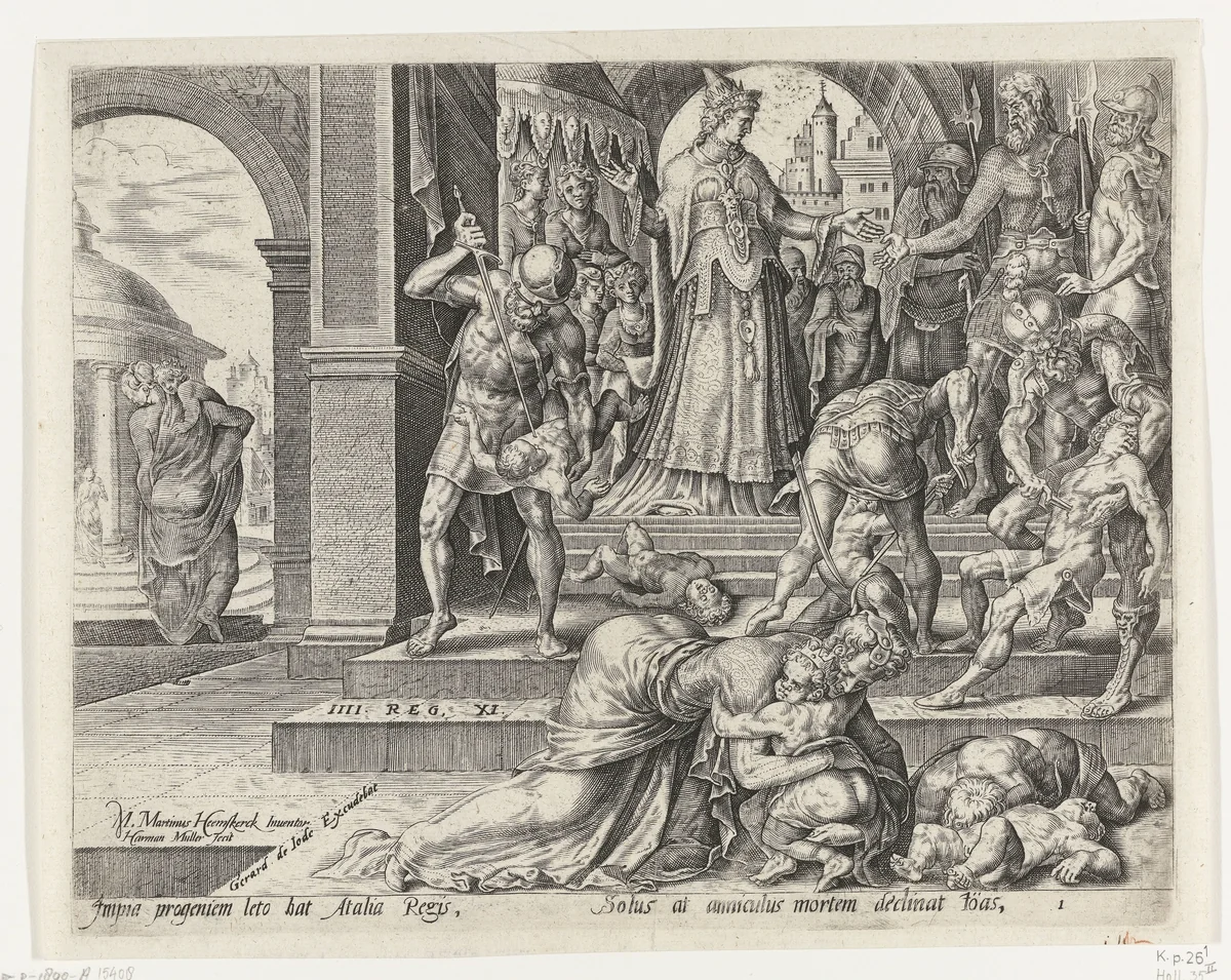 Koningin Atalja laat de koningskinderen doden by Unknown, print, 1565-1569