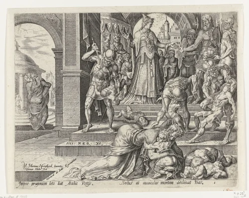 Koningin Atalja laat de koningskinderen doden by Unknown, print, 1565-1569