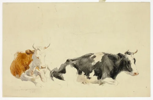 Two Recumbent Cows (recto); Sketch of Standing Cow (verso) by Thomas Sidney Cooper, painting, 1815-1835