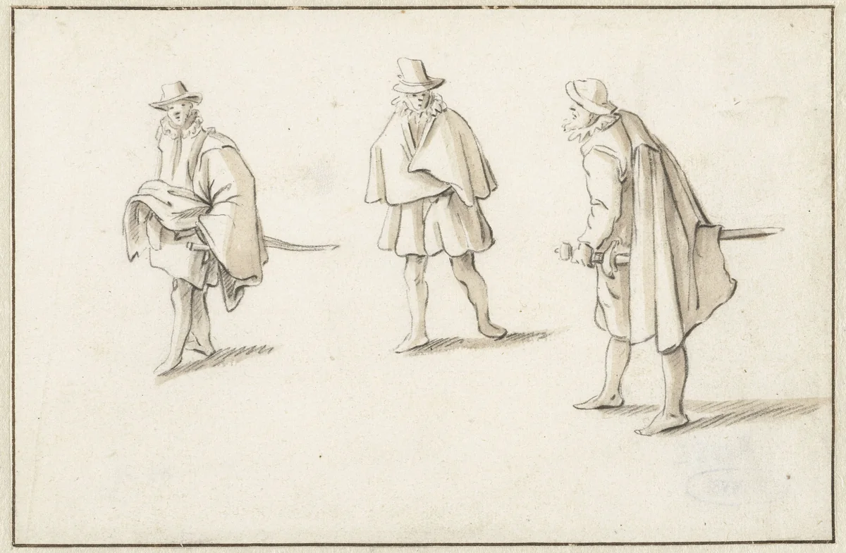 Drie staande mannen by Herman Saftleven, drawing, 1619-1685