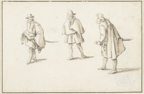 Drie staande mannen by Herman Saftleven, drawing, 1619-1685
