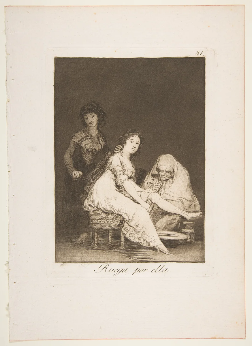 Plate 31 from "Los Caprichos": She prays for her (Ruega por ella) by Goya, print, 1799