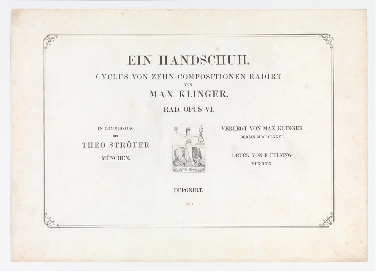 Title Page from Ein Handschuh (A Glove). Cyclus von zehn Compositionen radirt. Rad. Opus VI. First edition by Max Klinger, print, 1881