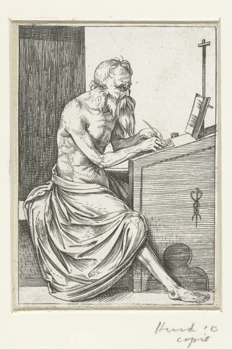 Heilige Hieronymus in zijn studeervertrek by anonymous, print, 1495-1516