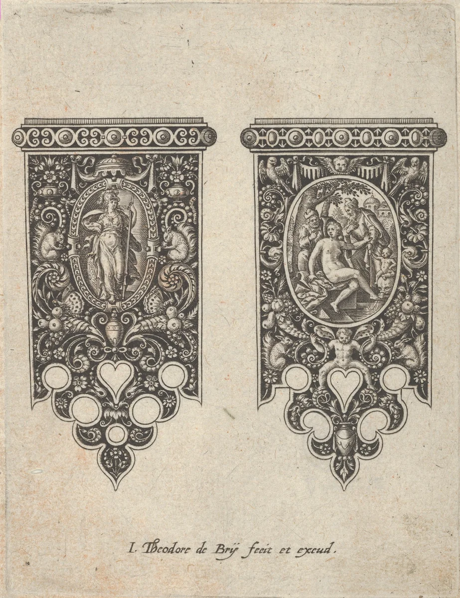 Design for Knife Handles with an Armed Woman and Susanna and the Elders, from Mansches de Coutiaus by Johann Theodor de Bry, print, 1580-1600