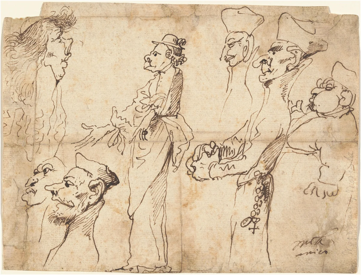 Caricatures of Clerics and Priests by Pier Francesco Mola, drawing, 1640-1660