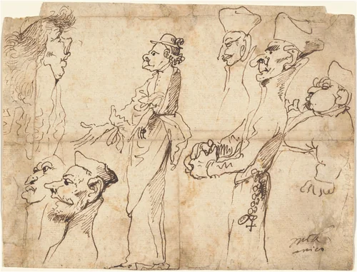 Caricatures of Clerics and Priests by Pier Francesco Mola, drawing, 1640-1660