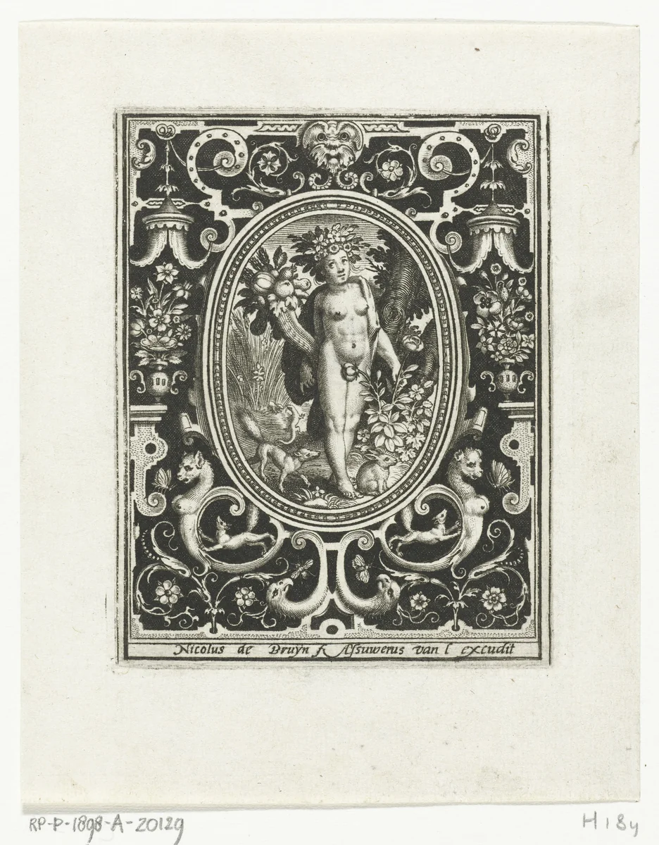 Element aarde als jonge vrouw met hoorn des overvloeds en rozenstruik in omlijsting met ornamenten by Unknown, print, 1582-1635