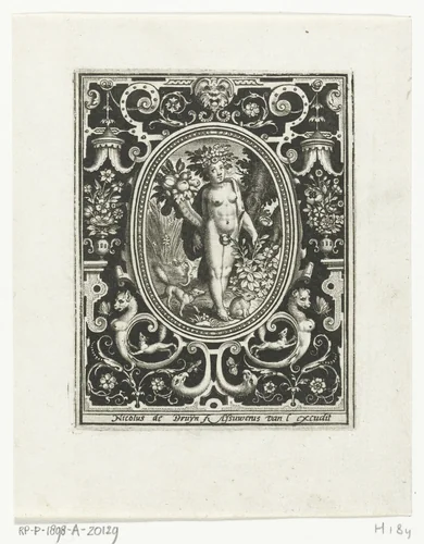 Element aarde als jonge vrouw met hoorn des overvloeds en rozenstruik in omlijsting met ornamenten by Unknown, print, 1582-1635