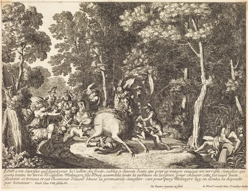 Atlanta and Meleager Hunting the Boar of Calydon by Jean Lepautre, print, 1618-1682