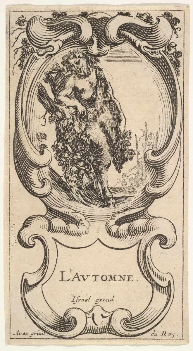 Autumn, a satyr with his right arm on top of a tree trunk on which a vine is growing and carrying grapes in his left hand, within a cartouche decorated with grapes, from "The Four Seasons" (Les Quatre Saisons) by Stefano della Bella, print, 1638-1643