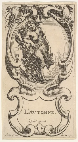 Autumn, a satyr with his right arm on top of a tree trunk on which a vine is growing and carrying grapes in his left hand, within a cartouche decorated with grapes, from "The Four Seasons" (Les Quatre Saisons) by Stefano della Bella, print, 1638-1643