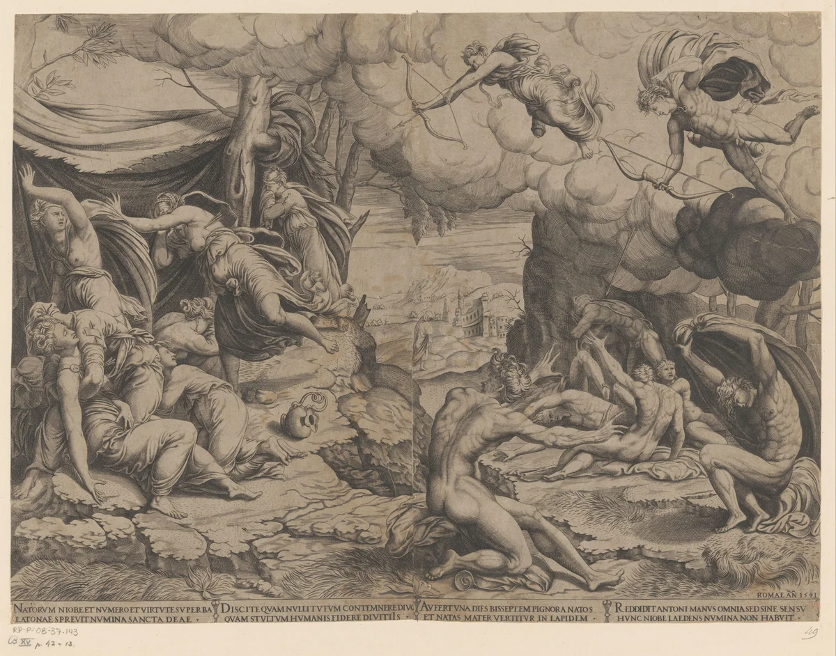 Apollo en Diana doden de kinderen van Niobe by anonymous, print, 1541