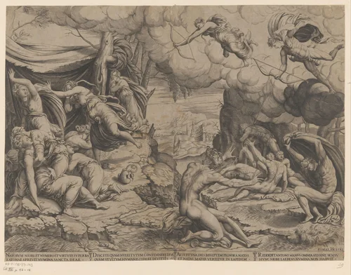 Apollo en Diana doden de kinderen van Niobe by anonymous, print, 1541