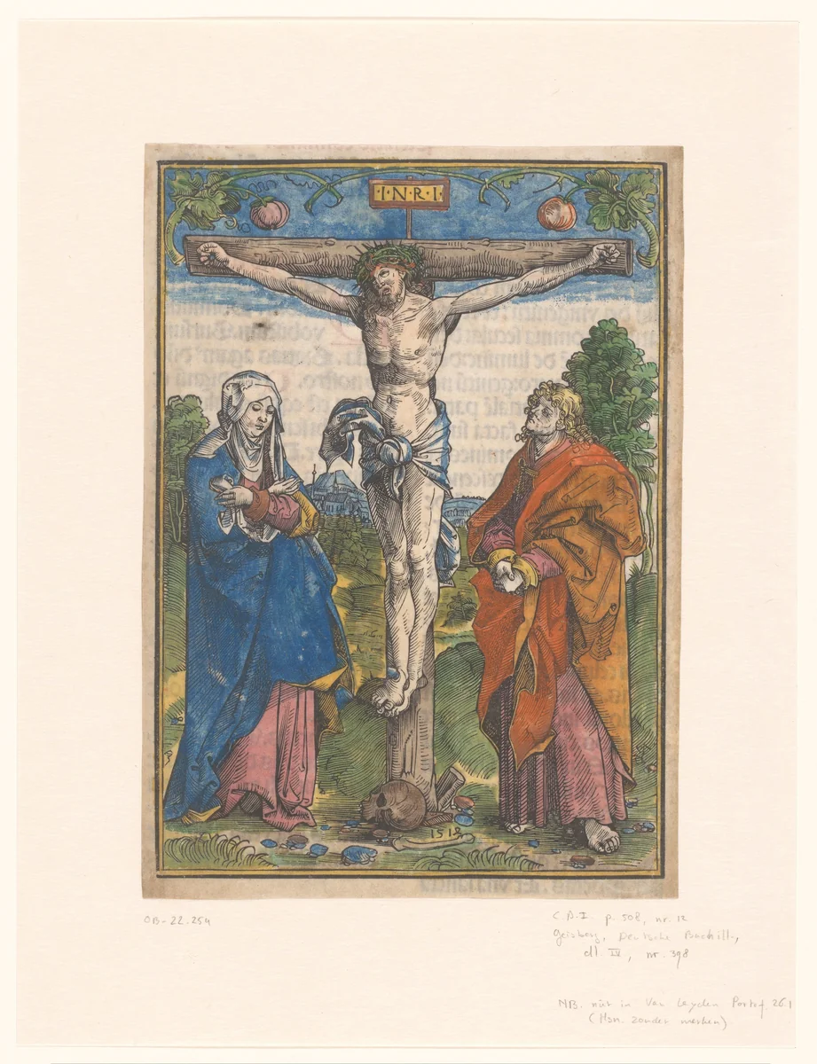 Christus aan het kruis, tussen Maria en Johannes de Evangelist by anonymous, print, 1514