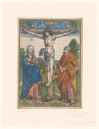 Christus aan het kruis, tussen Maria en Johannes de Evangelist by anonymous, print, 1514