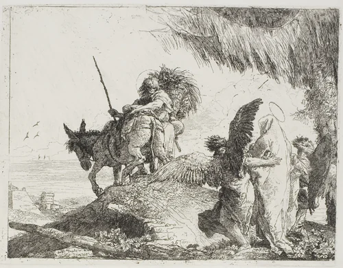 Mary, Supported by Two Angels, Follows Joseph, plate 26 from The Flight into Egypt by Giovanni Domenico Tiepolo, print, 1753