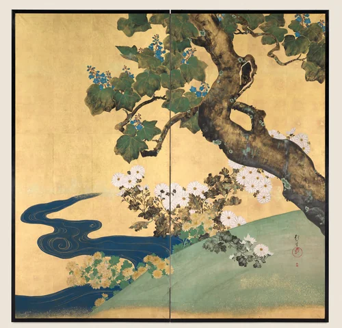 Paulownias and Chrysanthemums by Sakai Hōitsu (酒井抱一), painting, 1800-1828