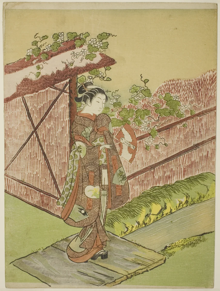 Meeting her Lover (parody of the Yugao chapter of "Tale of Genji") by Suzuki Harunobu (鈴木春信), print, 1761-1770