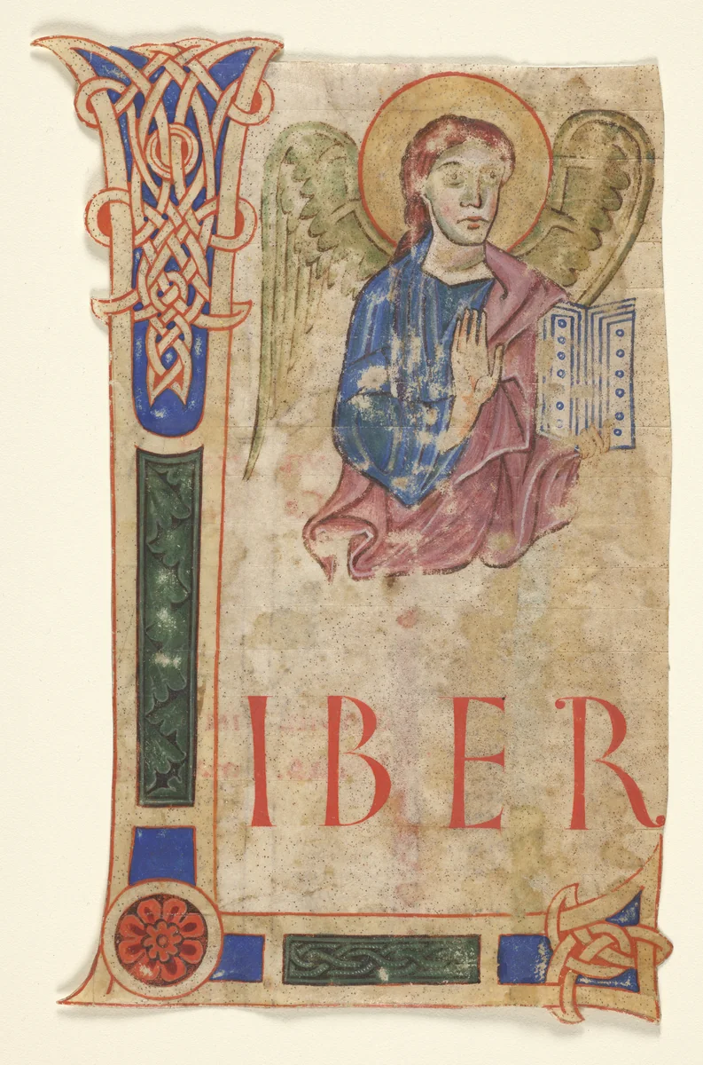 Miniature Excised from a Gospel Book with Initial L[iber generationis]: The Symbol of St. Matthew (recto) by Unknown, manuscript, 1125-1150