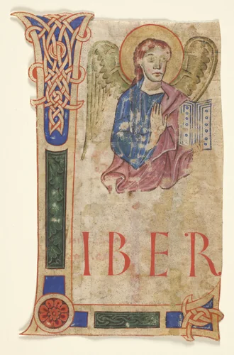 Miniature Excised from a Gospel Book with Initial L[iber generationis]: The Symbol of St. Matthew (recto) by Unknown, manuscript, 1125-1150