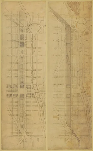 Plate 78 (2 Drawings) from The Plan of Chicago, 1909: Suggested Location and Arrangement of the Railway Passenger Stations West of the River. Subway Scheme: 1. Plan of Street Level. 2. Plan Below Street Level by Daniel Hudson Burnham
Edward Herbert Bennett, drawing, 1909