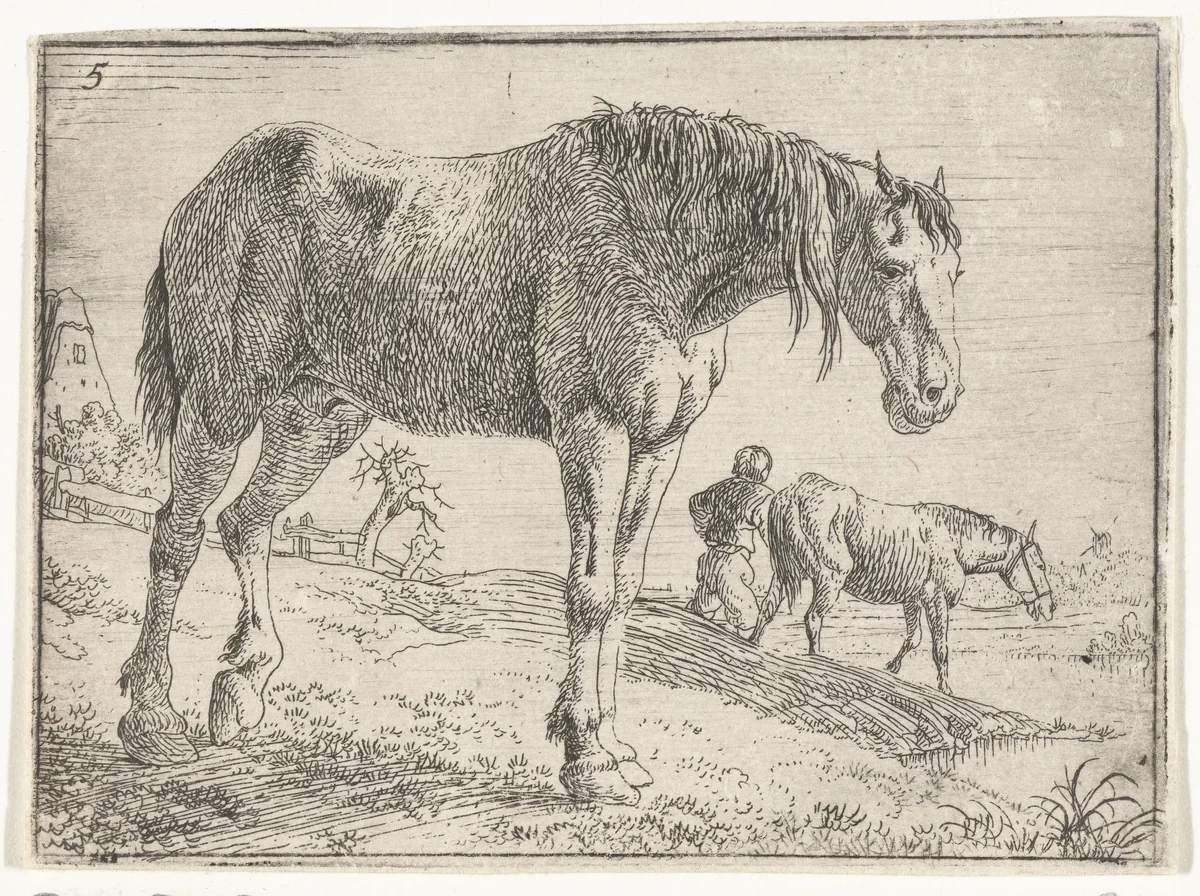 Staand paard by Jan van Aken, print, 1624-1700