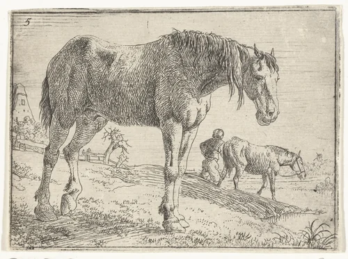 Staand paard by Jan van Aken, print, 1624-1700