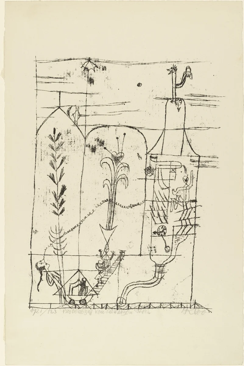 Hoffmannesque Scene (Hoffmanneske Szene) for the portfolio New European Graphics, 1st Portfolio: Masters of the Staatliches Bauhaus, Weimar (Neue europäische Graphik, 1. Mappe: Meister des Staatlichen Bauhauses in Weimar) by Paul Klee, print, 1921