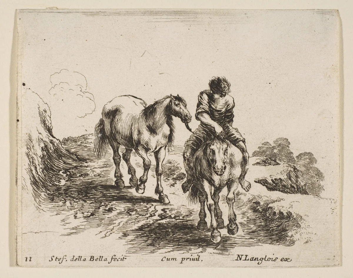 A young horseman, seen from the front, leading another horse, plate 11 from "Diversi capricci" by Stefano della Bella, print, 1639-1649