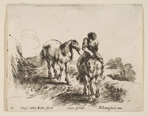 A young horseman, seen from the front, leading another horse, plate 11 from "Diversi capricci" by Stefano della Bella, print, 1639-1649