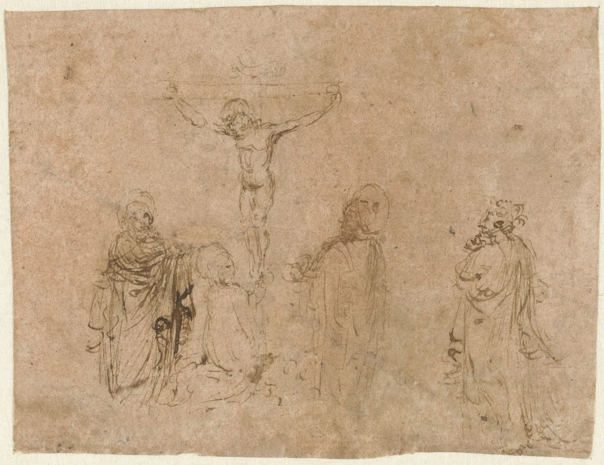 Kruisiging met vier figuren by Unknown, drawing, 1450-1474