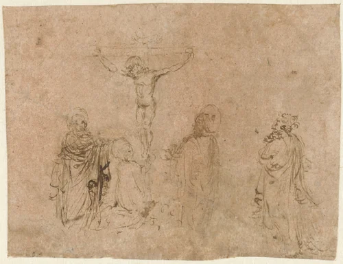 Kruisiging met vier figuren by Unknown, drawing, 1450-1474