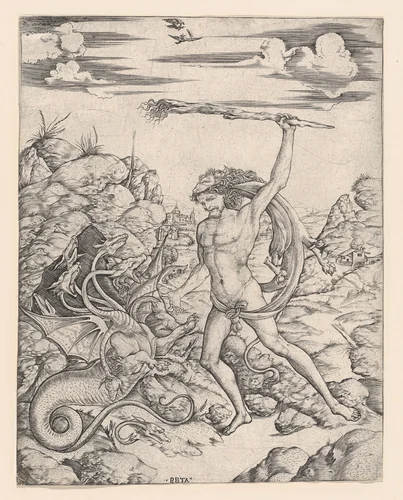 Hercules and the Hydra; wielding a torch he attacks the winged, multi-headed Hydra in rocky landscape, a hawk attacks a heron in the sky by Cristofano di Michele Martini, print, 1495-1525