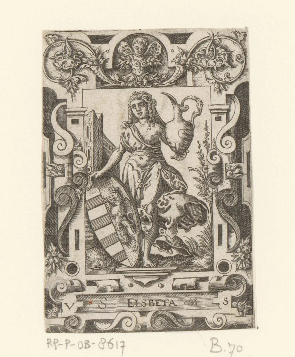 Elisabeth van Hongarije met wapenschild in rolwerk omlijsting by Unknown, print, 1524-1562