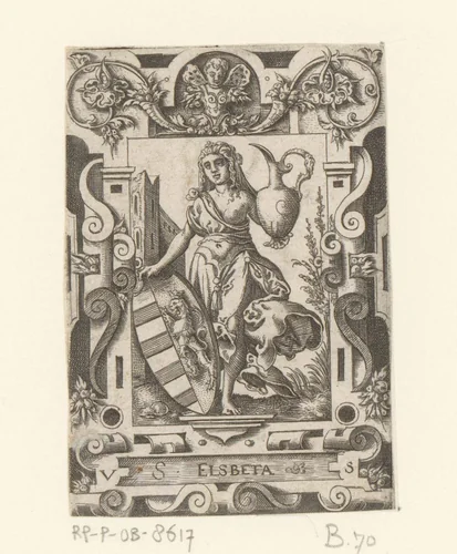 Elisabeth van Hongarije met wapenschild in rolwerk omlijsting by Unknown, print, 1524-1562