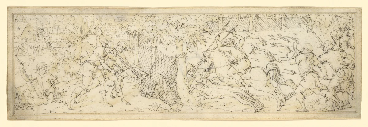 Wolf hunt by Etienne Delaune, drawing, 1550-1600