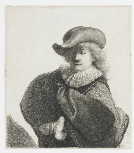 Self-portrait in a soft hat and a patterned cloak by Rembrandt van Rijn, print, 1631
