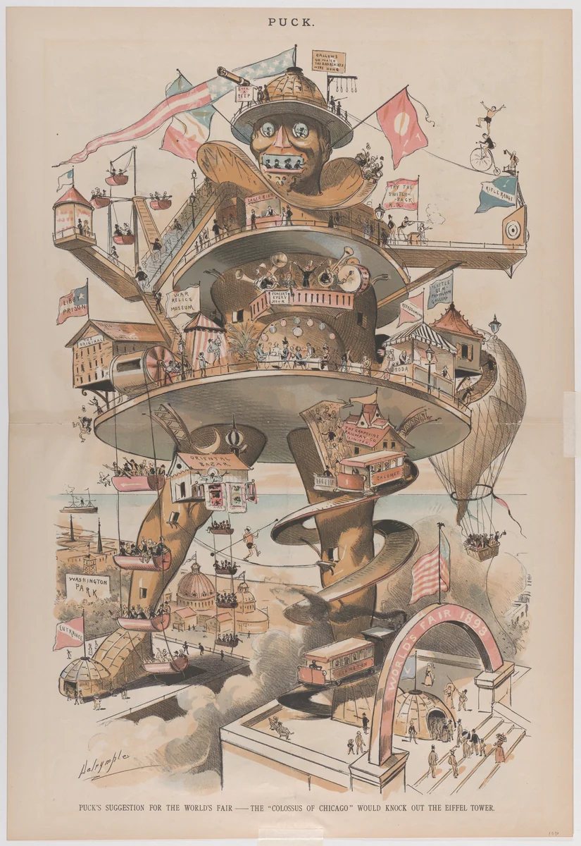 Puck's Suggestion for the World's Fair, The Colossus of Chicago Would Knock Out the Eiffel Tower, from "Puck Magazine" by Louis Dalrymple, print, 1890